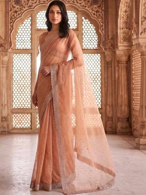 Peach embellished beads and stones tissue saree 2