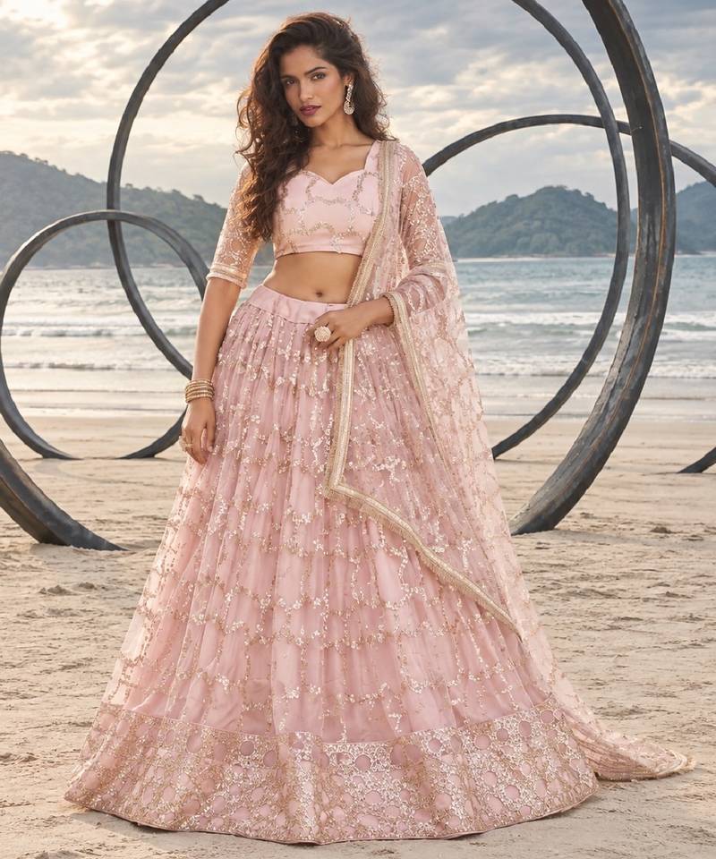 LIGHT ONION NET THREAD WITH ZARI AND SEQUIN WORK FESTIVE LEHENGA CHOLI