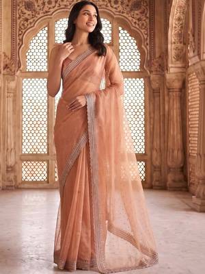 Peach embellished beads and stones tissue saree 3