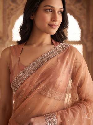Peach embellished beads and stones tissue saree 5