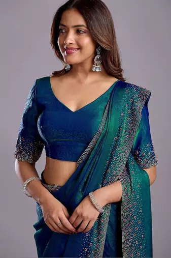 Blue embellished beads and stones organza heavy work saree