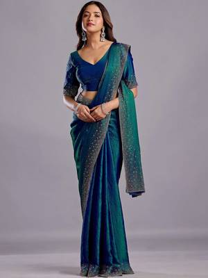 Blue embellished beads and stones organza heavy work saree 2