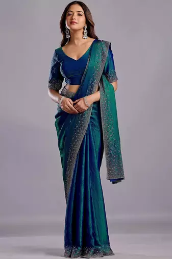 Blue embellished beads and stones organza heavy work saree