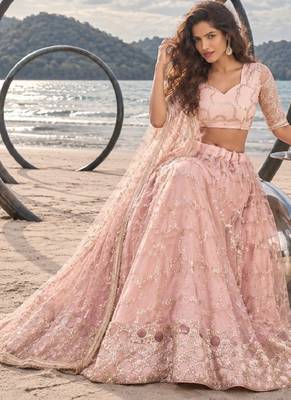 LIGHT ONION NET THREAD WITH ZARI AND SEQUIN WORK FESTIVE LEHENGA CHOLI 4