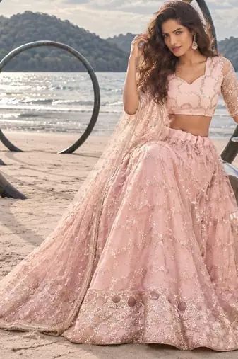 LIGHT ONION NET THREAD WITH ZARI AND SEQUIN WORK FESTIVE LEHENGA CHOLI
