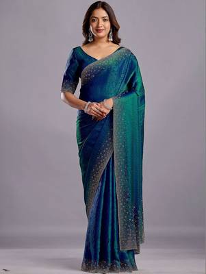 Blue embellished beads and stones organza heavy work saree 3