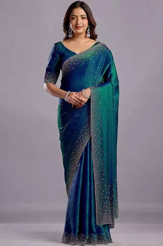 Blue embellished beads and stones organza heavy work saree
