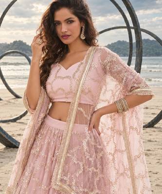LIGHT ONION NET THREAD WITH ZARI AND SEQUIN WORK FESTIVE LEHENGA CHOLI 5