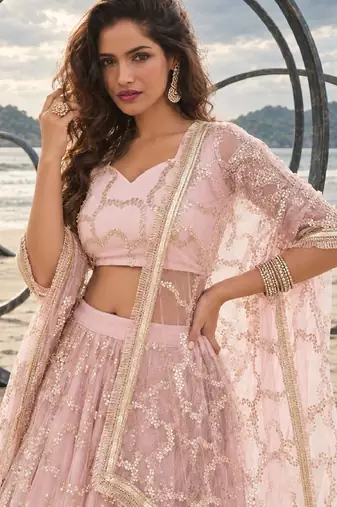 LIGHT ONION NET THREAD WITH ZARI AND SEQUIN WORK FESTIVE LEHENGA CHOLI