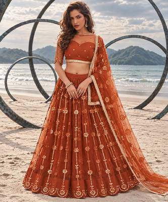 BROWN YELLOW NET THREAD WITH ZARI AND SEQUIN WORK FESTIVE LEHENGA CHOLI 1