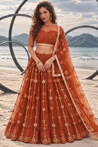 BROWN YELLOW NET THREAD WITH ZARI AND SEQUIN WORK FESTIVE LEHENGA CHOLI