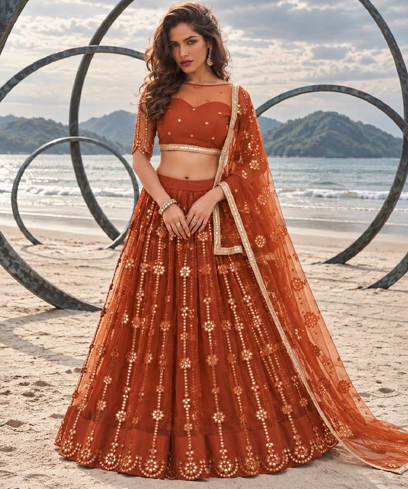 BROWN YELLOW NET THREAD WITH ZARI AND SEQUIN WORK FESTIVE LEHENGA CHOLI