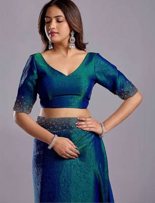 Blue embellished beads and stones organza heavy work saree 4