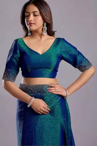 Blue embellished beads and stones organza heavy work saree