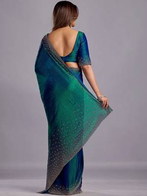 Blue embellished beads and stones organza heavy work saree 5