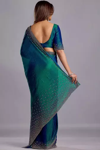 Blue embellished beads and stones organza heavy work saree
