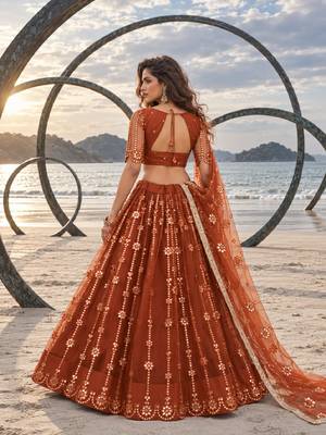 BROWN YELLOW NET THREAD WITH ZARI AND SEQUIN WORK FESTIVE LEHENGA CHOLI 2