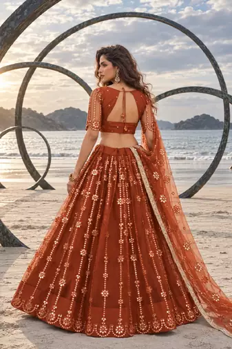 BROWN YELLOW NET THREAD WITH ZARI AND SEQUIN WORK FESTIVE LEHENGA CHOLI