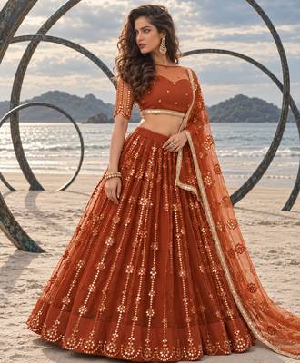 BROWN YELLOW NET THREAD WITH ZARI AND SEQUIN WORK FESTIVE LEHENGA CHOLI 3