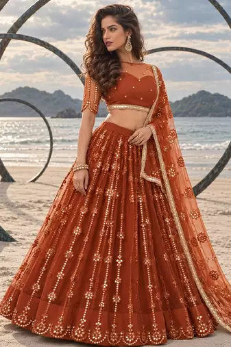 BROWN YELLOW NET THREAD WITH ZARI AND SEQUIN WORK FESTIVE LEHENGA CHOLI