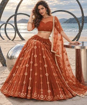 BROWN YELLOW NET THREAD WITH ZARI AND SEQUIN WORK FESTIVE LEHENGA CHOLI 4