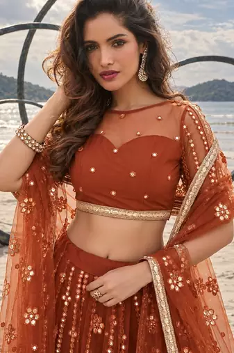BROWN YELLOW NET THREAD WITH ZARI AND SEQUIN WORK FESTIVE LEHENGA CHOLI