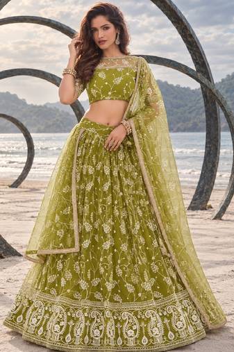 OLIVE GREEN NET THREAD WITH ZARI AND SEQUINCE WORK FESTIVE LEHENGA CHOLI SET FOR WOMEN'S