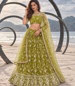 OLIVE GREEN NET THREAD WITH ZARI AND SEQUINCE WORK FESTIVE LEHENGA CHOLI SET FOR WOMEN'S