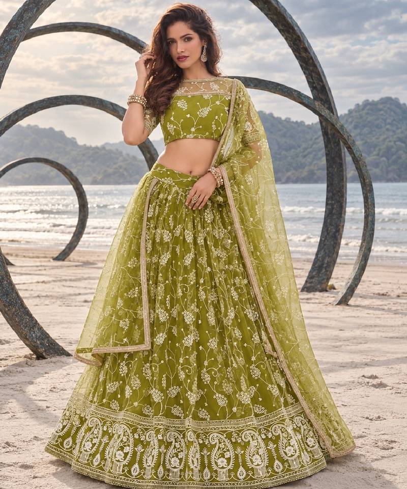 OLIVE GREEN NET THREAD WITH ZARI AND SEQUINCE WORK FESTIVE LEHENGA CHOLI SET FOR WOMEN'S