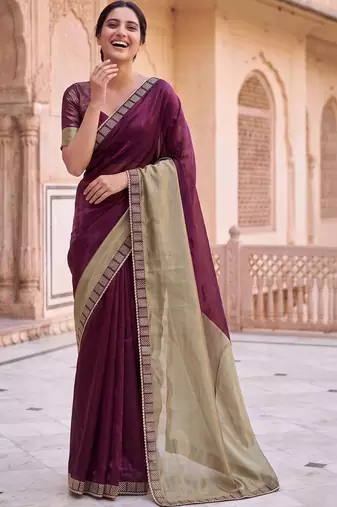 Purple colourblocked beads and stones art silk saree