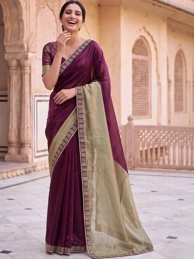 Purple colourblocked beads and stones art silk saree
