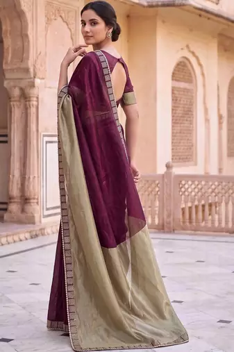 Purple colourblocked beads and stones art silk saree