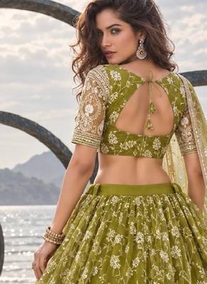 OLIVE GREEN NET THREAD WITH ZARI AND SEQUINCE WORK FESTIVE LEHENGA CHOLI SET FOR WOMEN'S 2