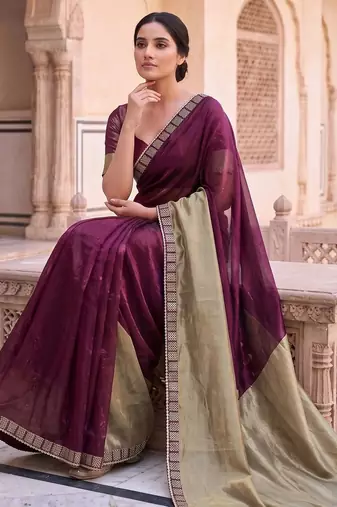 Purple colourblocked beads and stones art silk saree