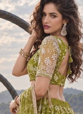 OLIVE GREEN NET THREAD WITH ZARI AND SEQUINCE WORK FESTIVE LEHENGA CHOLI SET FOR WOMEN'S 3