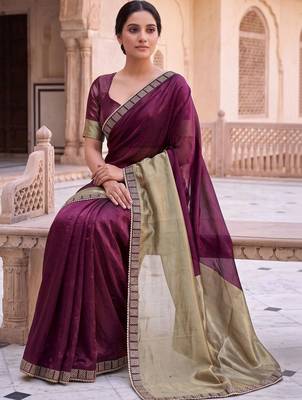 Purple colourblocked beads and stones art silk saree 4