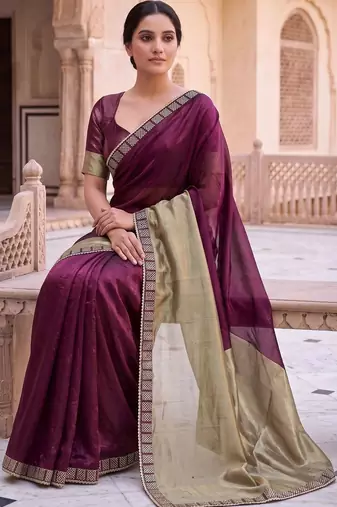 Purple colourblocked beads and stones art silk saree