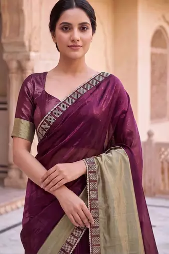 Purple colourblocked beads and stones art silk saree