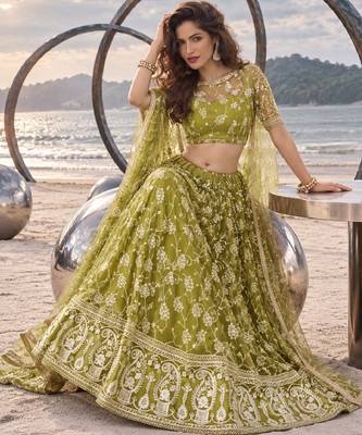 OLIVE GREEN NET THREAD WITH ZARI AND SEQUINCE WORK FESTIVE LEHENGA CHOLI SET FOR WOMEN'S 4