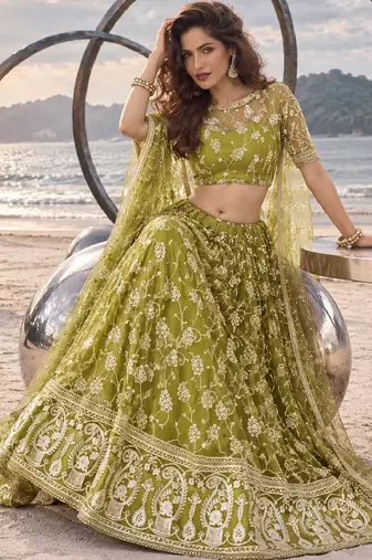 OLIVE GREEN NET THREAD WITH ZARI AND SEQUINCE WORK FESTIVE LEHENGA CHOLI SET FOR WOMEN'S