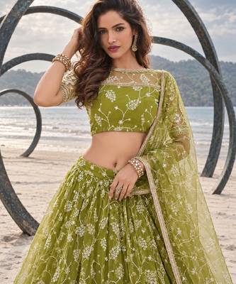OLIVE GREEN NET THREAD WITH ZARI AND SEQUINCE WORK FESTIVE LEHENGA CHOLI SET FOR WOMEN'S 5