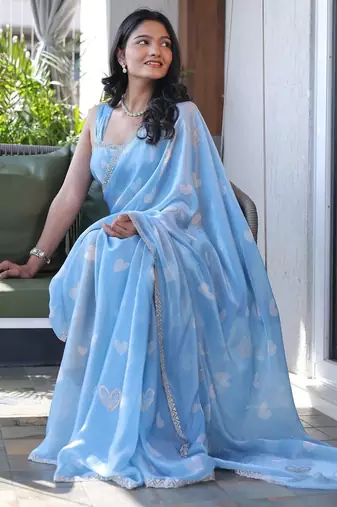 Blue sequinned silk cotton saree