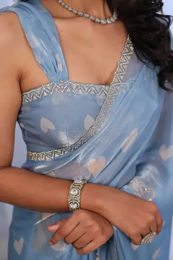 Blue sequinned silk cotton saree