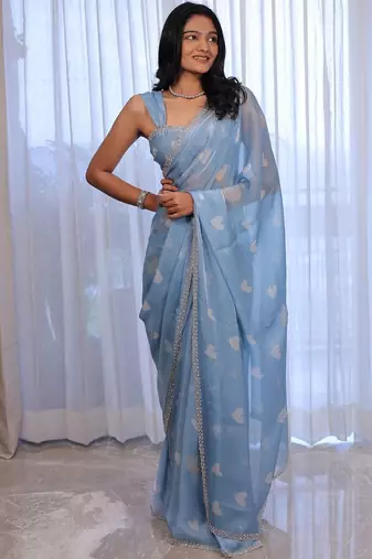 Blue sequinned silk cotton saree