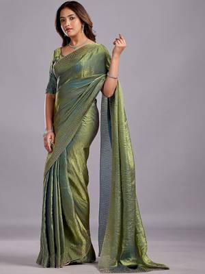 Green embellished sequinned organza heavy work saree 2