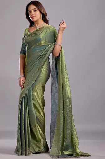 Green embellished sequinned organza heavy work saree