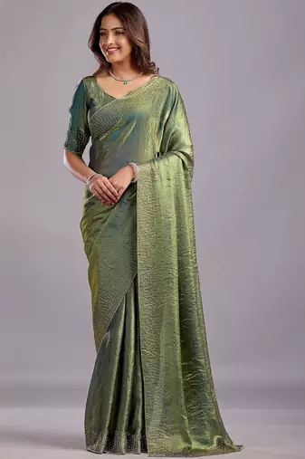Green embellished sequinned organza heavy work saree