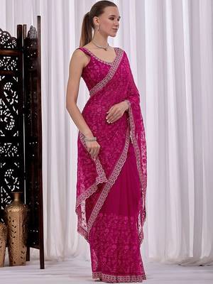 Pink floral beads and stones  chiffon heavy work saree 1