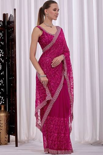 Pink floral beads and stones  chiffon heavy work saree