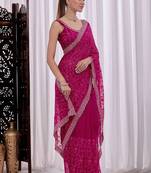 Pink floral beads and stones  chiffon heavy work saree